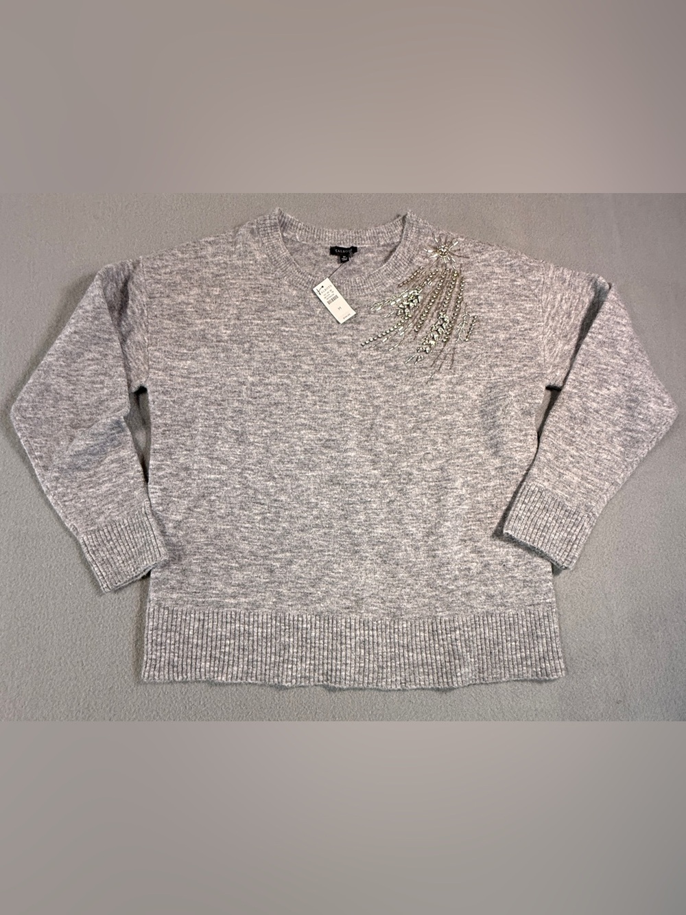 Talbots Light Gray Crewneck Sweater with Shoulder Crystal Accents